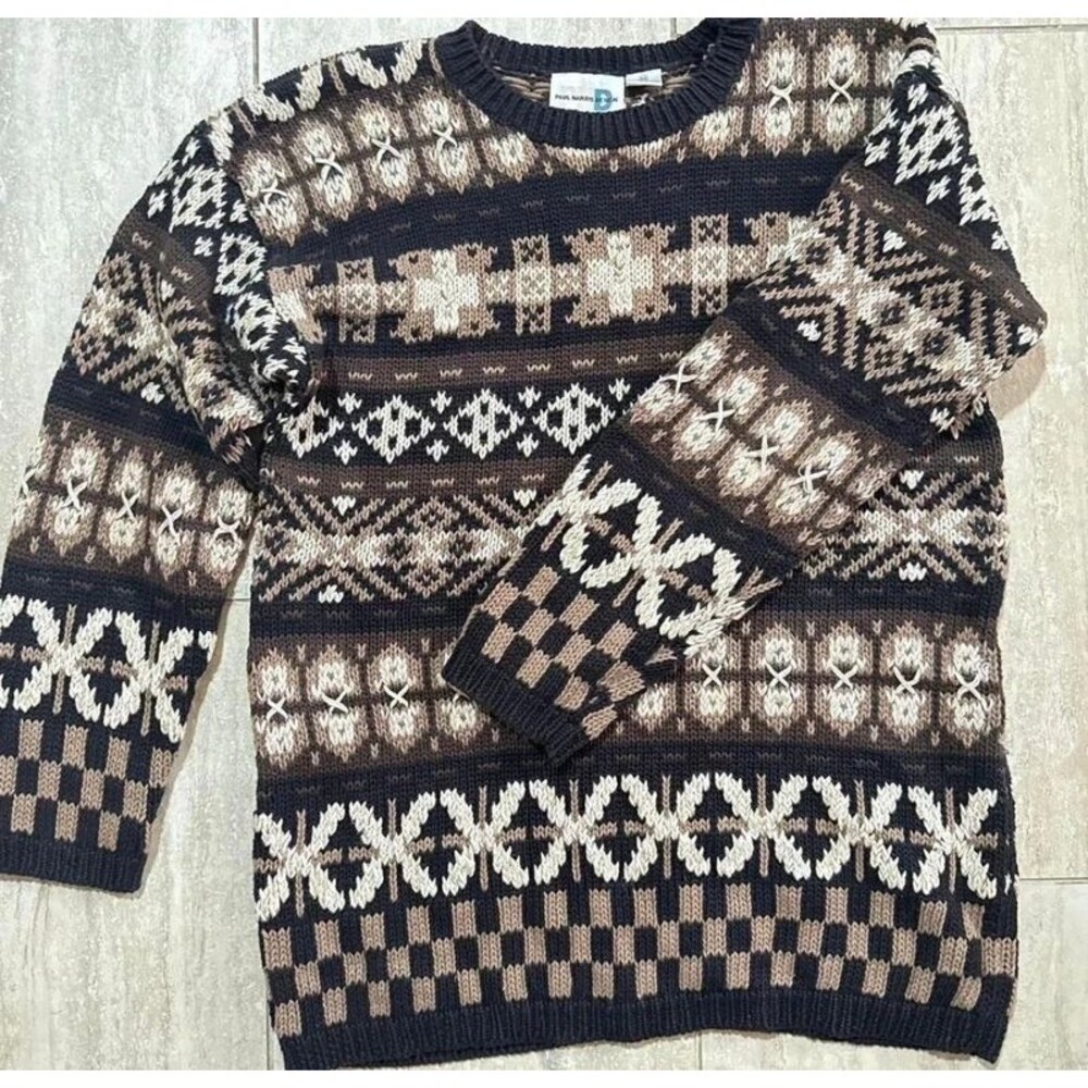 Vtg 90s Grandpa Knit Sweater Chunky Fair Isle Geometric Earthtone Gorp Crew M